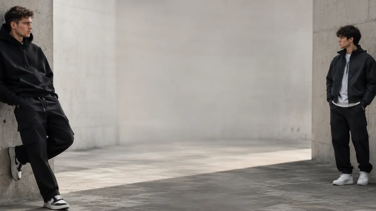 Men's fashion streetwear collection featuring hoodies, sneakers and urban style